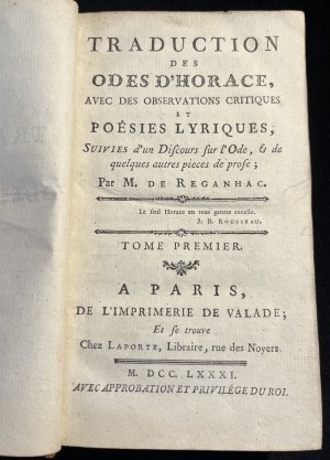 [STARODRUK] J. B. ROUSSEAU - Traduction des Odes d'Horace avec des observations critiques, vol. 1 [French, 1781].