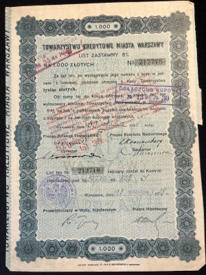 [1924] WARSAW. Credit Society. Pledge letter for 1,000 zlotys.
