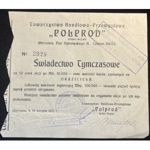 [1923] WARSZAWA. Towarzystwo Handlowo-Przemysłowe Polprod. Świadectwo Tymczasowe