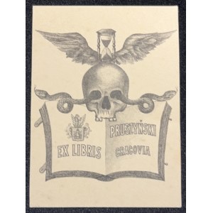 EX LIBRIS patřící Zenonu Pruszyńskému, s erbem Rawiczů a mrtvolnou lebkou s okřídlenými přesýpacími hodinami [litografie].