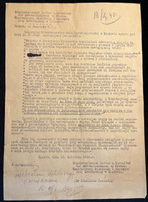 [ARYJSKY RESEARCH] Letter from Dr. Stanislaw Rowinski regarding the submission of statements by attorneys of Aryan descent [Krakow, 1940] [typescript reproduced].