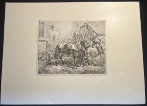 [Wojna z Rosją 1812] Wojskowa klacz ze źrebięciem, śpiący żołnierz napoleoński i pilnujący chłop - Johann Adam Klein [1818, akwaforta]