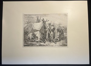 [Wojna z Rosją 1812] Oficerowie napoleońscy na biwaku na terenach litewsko-białoruskich - Johann Adam Klein [1818, akwaforta]