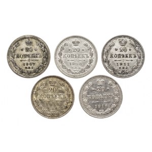 Russia, Nicholas II, set of 5 coins 20 kopecks 1907-1916