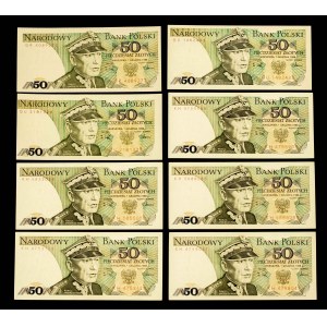 Polen, PRL, Satz von 8 Banknoten 50 ZŁOTYCH 1.12.1988 (Serien GR, GU, KH)