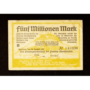 KOLEKCJA ŚLĄSKICH NOTGELDÓW Z CZASÓW HIPERINFLACJI: 5 milionów marek, Racibórz 20.08.1923.