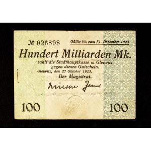KOLEKCJA ŚLĄSKICH NOTGELDÓW Z CZASÓW HIPERINFLACJI: 100 miliardów marek, Gliwice 27.10.1923.