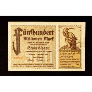 KOLEKCE SLĄSKÝCH NOTGELŮ Z ČASŮ HIPERINFLACE: 500 milionů marek, Głogów 11.10.1923.