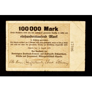 KOLEKCJA ŚLĄSKICH NOTGELDÓW Z CZASÓW HIPERINFLACJI: 100 000 marek, Opole 14.08.1923.