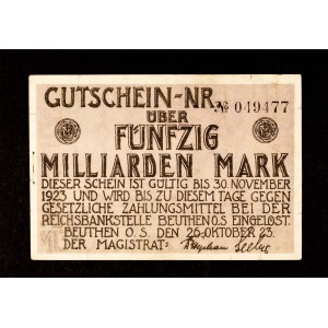 KOLEKCJA ŚLĄSKICH NOTGELDÓW Z CZASÓW HIPERINFLACJI: 50 miliardów marek, Bytom 26.10.1923.