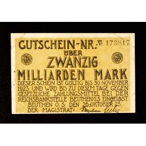 KOLEKCJA ŚLĄSKICH NOTGELDÓW Z CZASÓW HIPERINFLACJI: 20 miliardów marek, Bytom 26.10.1923.