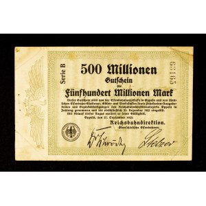 KOLEKCJA ŚLĄSKICH NOTGELDÓW Z CZASÓW HIPERINFLACJI: Bon kolejowy 500 milionów marek, Opole 27.09.1923.
