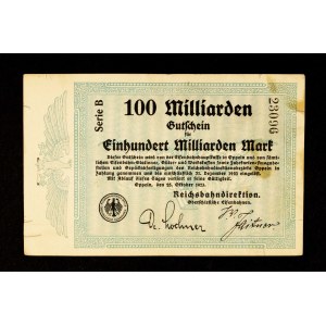 KOLEKCJA ŚLĄSKICH NOTGELDÓW Z CZASÓW HIPERINFLACJI: Bon kolejowy 100 miliardów marek, Opole 25.10.1923.
