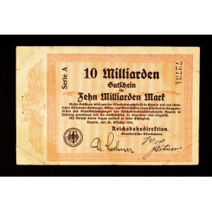 COLLECTION OF SLĄSKIE NOTGELDS FROM THE TIMES OF HIPERINFLATION: Railroad voucher of 10 billion marks, Opole 25.10.1923.