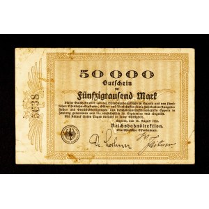 COLLECTION OF SLĄSKIE NOTGELDS FROM THE TIMES OF HIPERINFLATION: Railroad voucher of 50,000 marks, Opole 16.08.1923.