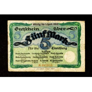COLLECTION OF SILESIAN NOTGELDS: 5 marks, Upper Silesia 1.04.1919 (Bytom, Gliwice, Zabrze, Katowice, Huta Królewska, Pszczyna, Rybnik, Tarnowskie Góry)