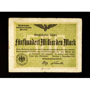 A COLLECTION OF SLEPTONIAN NOTGELDS FROM THE TIMES OF HIPERINFLATION: Railroad voucher of 500 billion marks, Breslau, 7.11.1923.