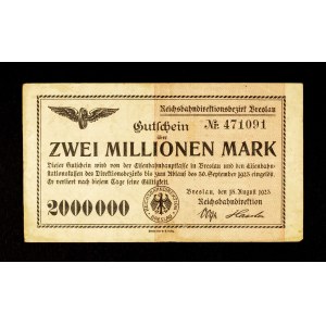 KOLEKCJA ŚLĄSKICH NOTGELDÓW Z CZASÓW HIPERINFLACJI: Bon kolejowy 2 miliony marek, Wrocław 15.08.1923.