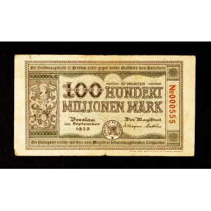 KOLEKCE SLĄSKÝCH NOTGELŮ Z ČASŮ HIPERINFLACE: 100 milionů marek, Vratislav září 1923.