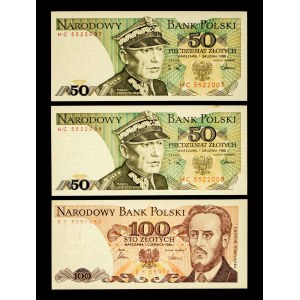 Poland, PRL, set of 2 x 50 zloty 1.12.1988, HC series and 100 zloty 1.06.86, RY series.