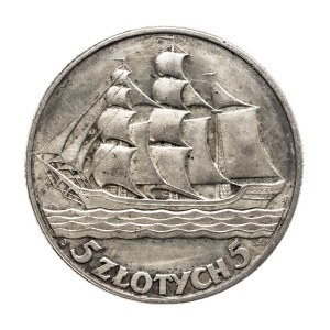 Polen, Zweite Polnische Republik, 5 Zloty 1936, Segelschiff, Warschau