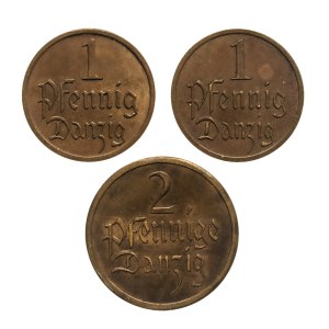 Free City of Danzig, set of 3 coins: 1 fenig 1926 and 1 and 2 fenigs 1937
