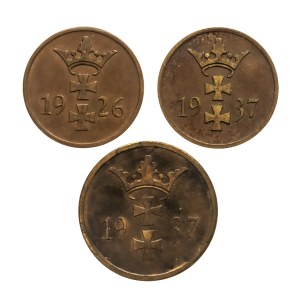 Free City of Danzig, set of 3 coins: 1 fenig 1926 and 1 and 2 fenigs 1937