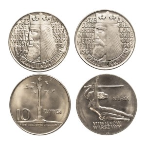 Poľsko, Poľská ľudová republika, sada 4 mincí v hodnote 10 zlotých z rokov 1964–1965 (Kazimír Veľký, Sigismundov stĺp, Nike) [3]