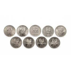 Poľsko, Poľská ľudová republika, sada 9 mincí v hodnote 10 zlotých z rokov 1975–1984 (Mickiewicz, Prus)