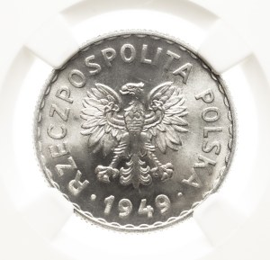 Polska, PRL, 1 złoty 1949, aluminium, Warszawa MS 65, PRÓBA, aluminium, wklęsły napis, bardzo rzadkie