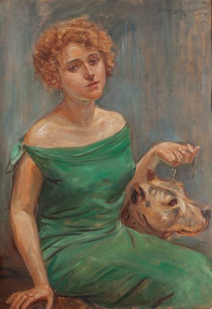 Wincenty Wodzinowski (1866 Igołomia k. Miechowa - 1940 Kraków), Portret damy w zielonej sukni z psem, przed lub 1935