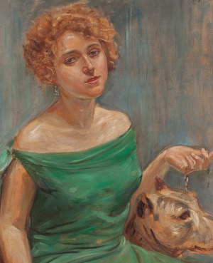 Wincenty Wodzinowski (1866 Igołomia k. Miechowa - 1940 Kraków), Portret damy w zielonej sukni z psem, przed lub 1935