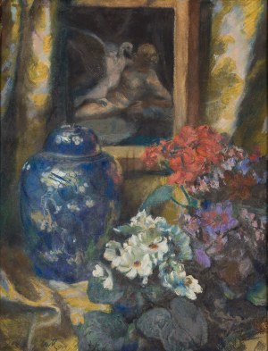 Teodor Grott (1884 Częstochowa - 1972 Kraków), Martwa natura z wazą, kwiatami i 'Ledą z łabędziem', 1919