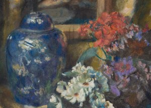 Teodor Grott (1884 Częstochowa - 1972 Kraków), Martwa natura z wazą, kwiatami i 'Ledą z łabędziem', 1919
