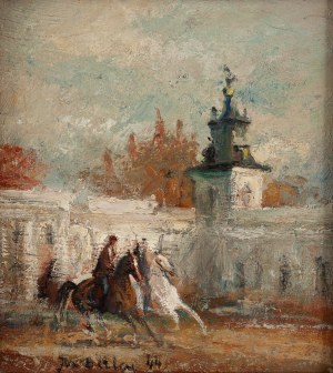 Jan Betley (1908 Płock - 1980 Warszawa), Przejażdżka konna na tle pałacu w Wilanowie, 1944