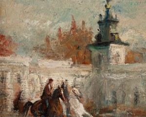 Jan Betley (1908 Płock - 1980 Warszawa), Przejażdżka konna na tle pałacu w Wilanowie, 1944
