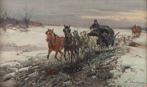 Czesław Wasilewski (1875 Warszawa - 1947 Łódź), Dorożki na błotnistej drodze