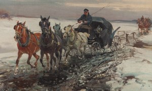 Czesław Wasilewski (1875 Warszawa - 1947 Łódź), Dorożki na błotnistej drodze