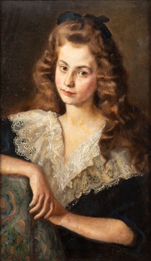 Jan Bąkowski (1872 Kraków - 1934 Kraków), Portret dziewczyny z kokardą we włosach