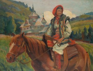 Antoni Bartkowski (1891 Przemyśl - 1974 Kraków), Hucułka na tle cerkwi, 1937