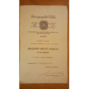 Brązowy Krzyż Zasługi II RP nadanie Kolej - Sławoj Składkowski PODPIS - 1938 r.