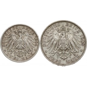 Germany Prussia 2 Mark 1904 A & 3 Mark 1909 A Lot of 2 coins