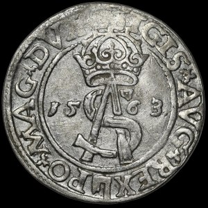 Sigismund II Augustus, Trojak 1563, Vilnius - Pogo im Schild - L/L - selten