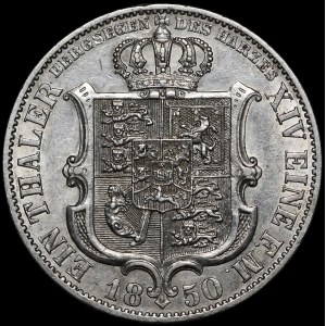 Nemecko, Hannover, Ernst August, thaler 1850 B, Hannover