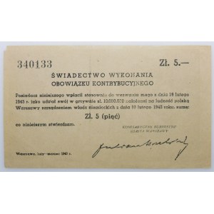 Asygnacja kontrybucyjna dla miasta Warszawy - 5 złotych 1943