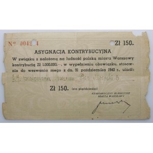 Contribution Assignment for the City of Warsaw - 150 zlotys 1942 - UNNOTED