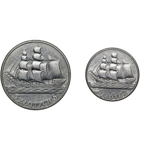 KOMPLET 2 złote i 5 złotych Żaglowiec 1936 w Pudełku