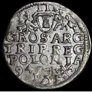 Sigismond III Vasa, Trojak de 1594, Poznań – couronne avec une fleur de lys dans un encadrement, V-I