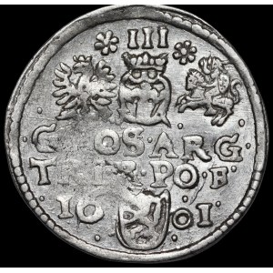 Sigismund III. Wasa, Trojak 1601, Wschowa – Die Inschrift endet mit dem Buchstaben „F“
