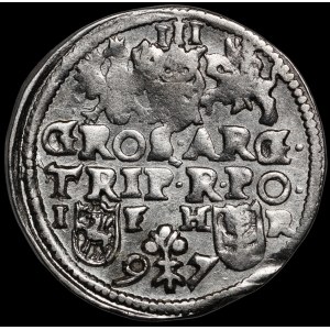Zygmunt III Waza, Trojak 1597, Poznań - gałązka dzieli datę, dwa wiersze